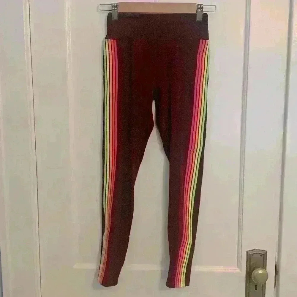Victorias Secret PINK Ultimate Leggings, size XS, Maroon and Rainbow Striped